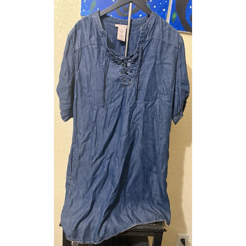 Philosophy Size XL Denim Chambray Shirt Dress Lace Up Tencel Lyocell soft Blue